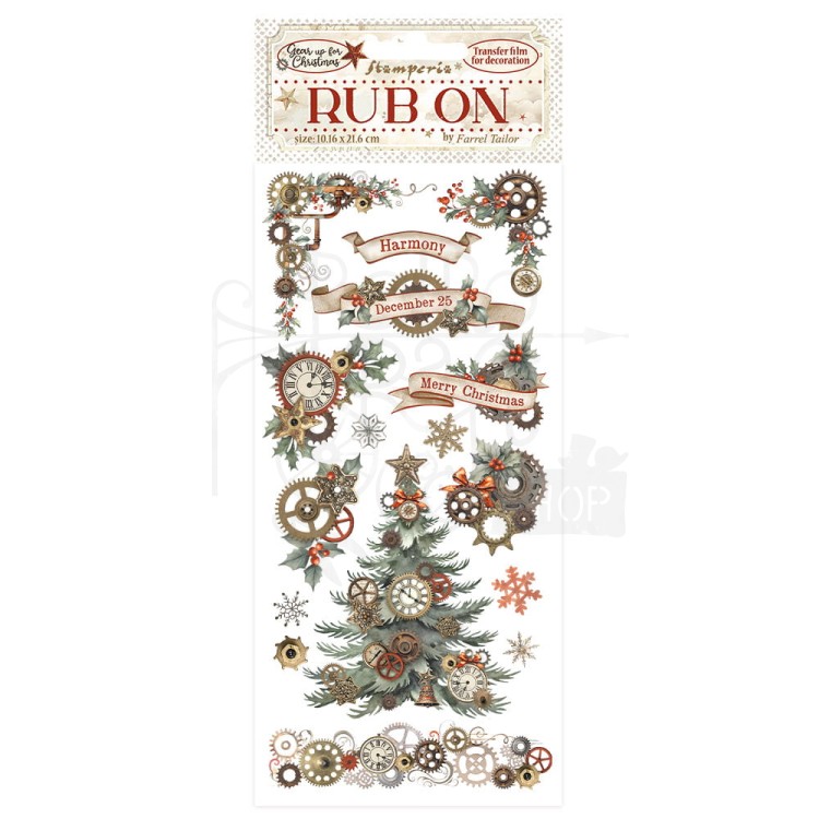 Rub-on transfer 10x21.6cm Gear Up For Christmas Choinka i zębatki DFLRB101 Stamperia