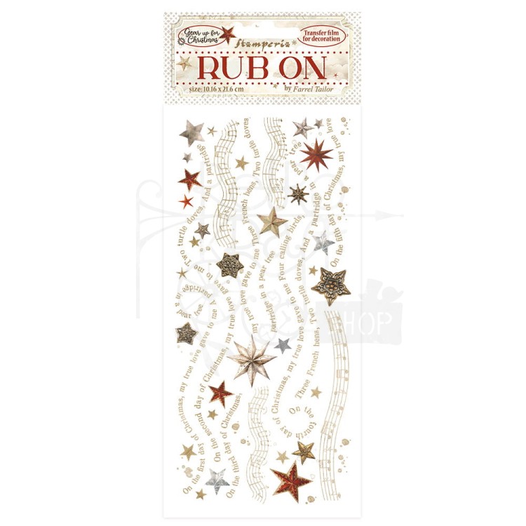Rub-on transfer 10x21.6cm Gear Up For Christmas Gwiazdki nuty i napisy DFLRB110 Stamperia