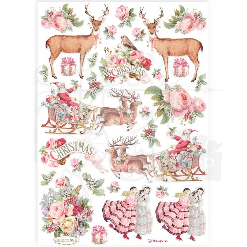 Papier ryżowy do decoupage A4 Pink Christmas Mikołaj i sanie DFSA4923 Stamperia