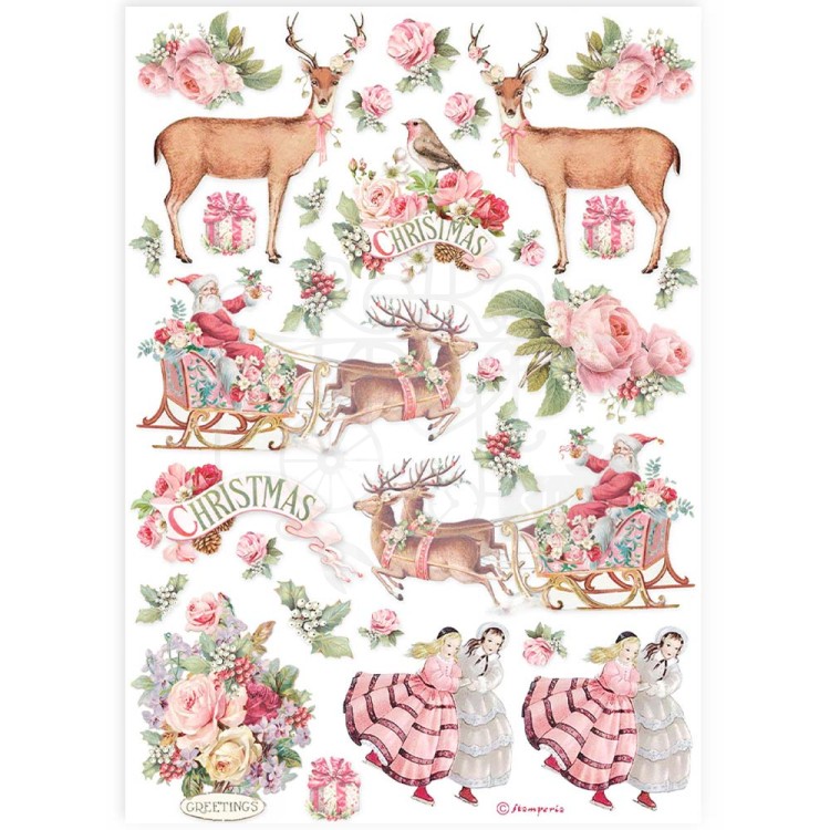 Papier ryżowy do decoupage A4 Pink Christmas Mikołaj i sanie DFSA4923 Stamperia