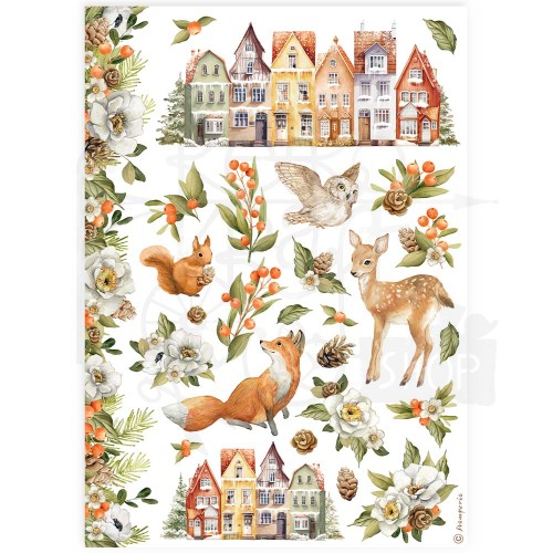 Papier ryżowy do decoupage A4 Classic Christmas Kamieniczki i zwierzęta DFSA4922 Stamperia