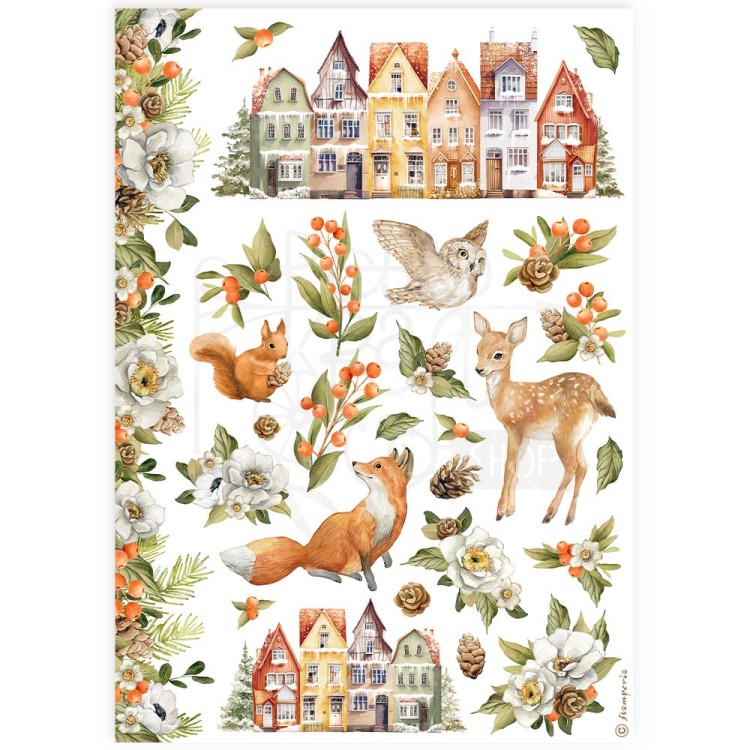 Papier ryżowy do decoupage A4 Classic Christmas Kamieniczki i zwierzęta DFSA4922 Stamperia