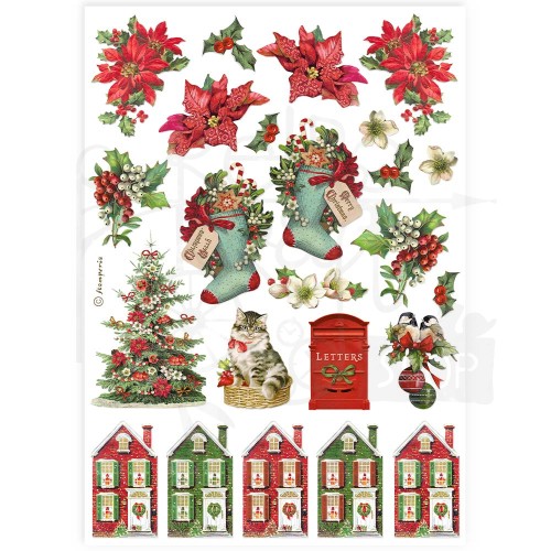Papier ryżowy do decoupage A4 Classic Christmas Domki i skarpety DFSA4918 Stamperia