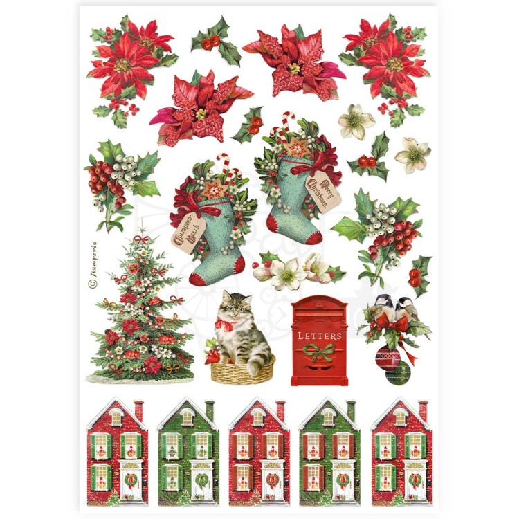 Papier ryżowy do decoupage A4 Classic Christmas Domki i skarpety DFSA4918 Stamperia