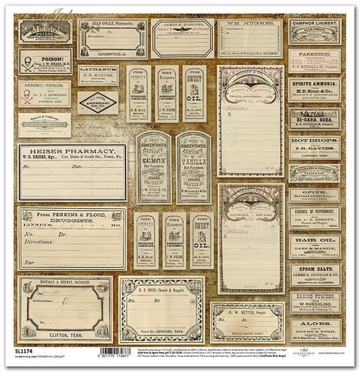 Papier do scrapbookingu 30x30 Herbarium 2 - Zielnik - etykiety SL1174 ITD Collection