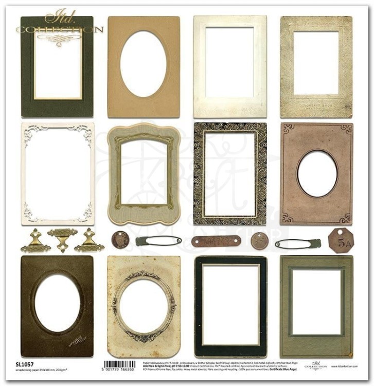 Papier do scrapbookingu 30x30 Ulotne Chwile - stare ramki agrafki etykietki SL1057 ITD Collection