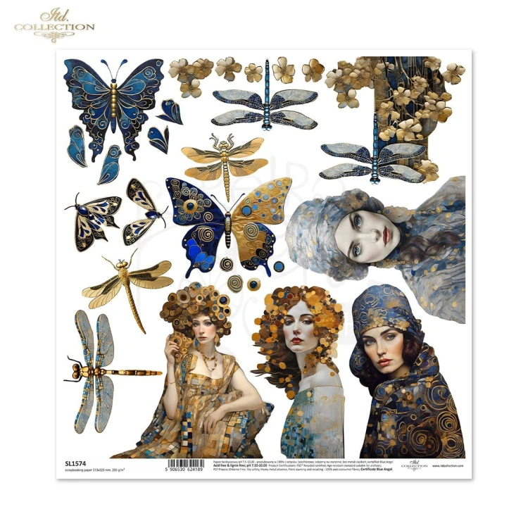 Papier do scrapbookingu 30x30 Inspired by Klimt kobiety ważki motyle SL1574 ITD Collection