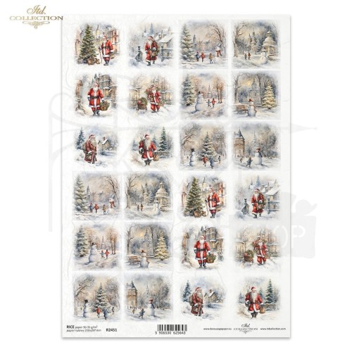 Papier ryżowy do decoupage A4 Zimowe widoczki Święty Mikołaj dzieci bałwany R2451 ITD Collection