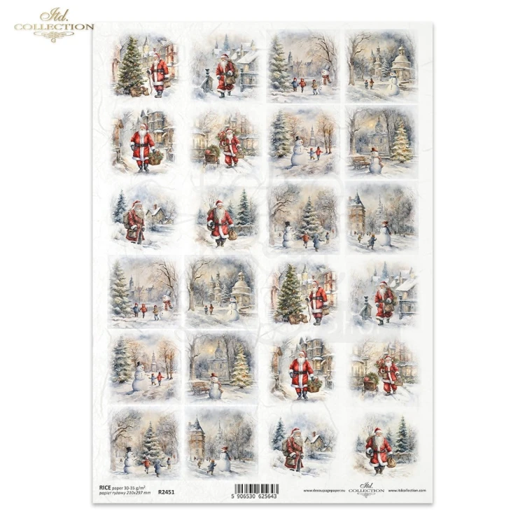 Papier ryżowy do decoupage A4 Zimowe widoczki Święty Mikołaj dzieci bałwany R2451 ITD Collection
