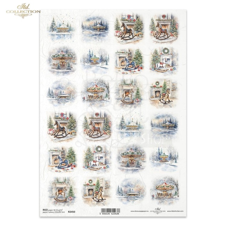 Papier ryżowy do decoupage A4 Zimowe widoczki karuzele koniki na biegunach R2450 ITD Collection