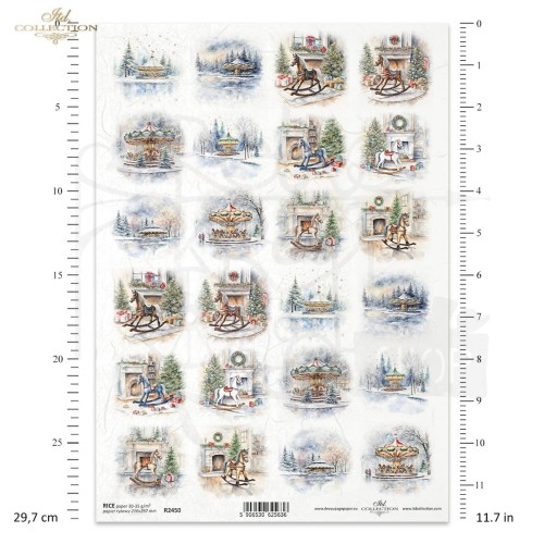 Papier ryżowy do decoupage A4 Zimowe widoczki karuzele koniki na biegunach R2450 ITD Collection