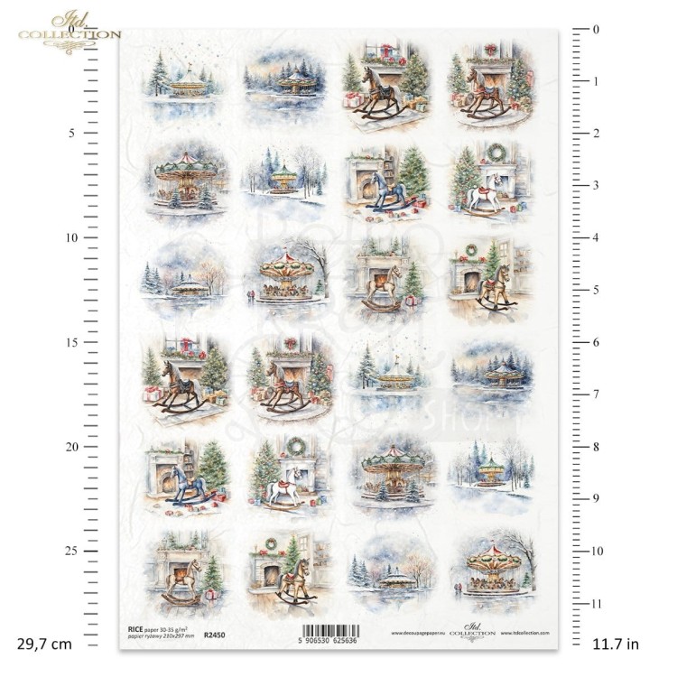 Papier ryżowy do decoupage A4 Zimowe widoczki karuzele koniki na biegunach R2450 ITD Collection