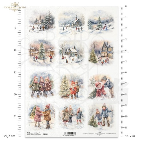 Papier ryżowy do decoupage A4 Zimowe widoczki zimowe zabawy dzieci R2430 ITD Collection