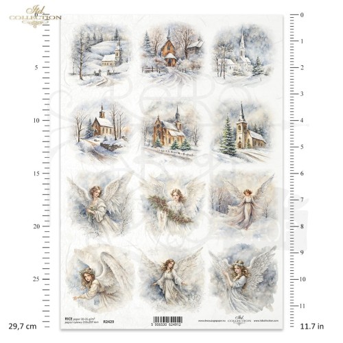 Papier ryżowy do decoupage A4 Zimowe widoczki anioły kościoły R2429 ITD Collection