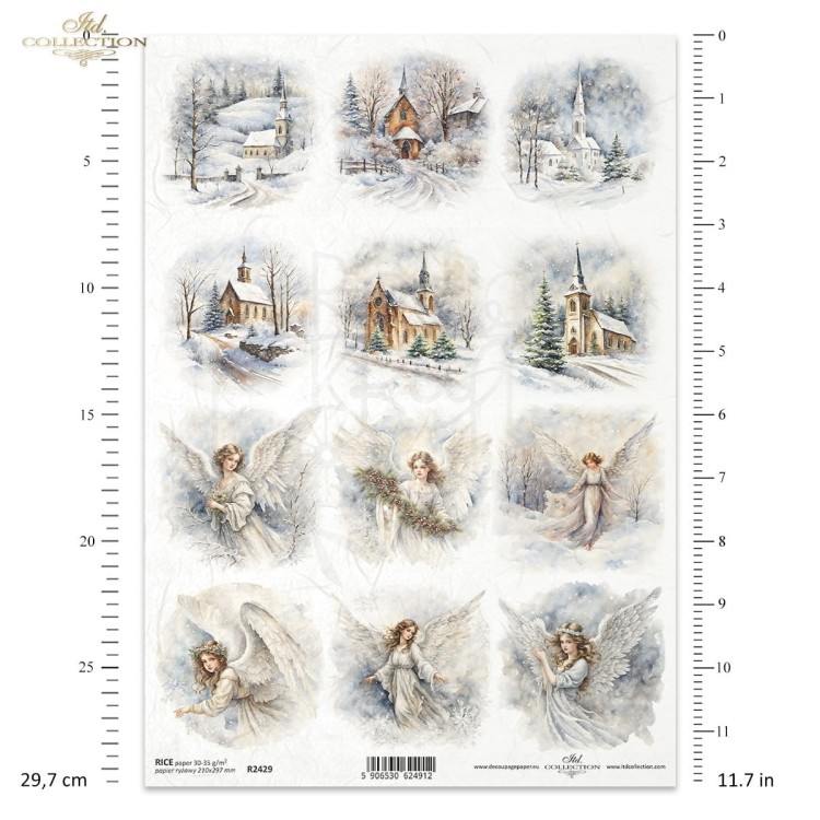 Papier ryżowy do decoupage A4 Zimowe widoczki anioły kościoły R2429 ITD Collection