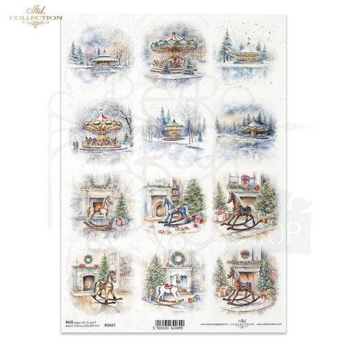 Papier ryżowy do decoupage A4 Zimowe widoczki karuzele koniki na biegunach R2427 ITD Collection