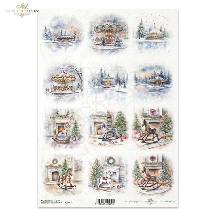 Papier ryżowy do decoupage A4 Zimowe widoczki karuzele koniki na biegunach R2427 ITD Collection