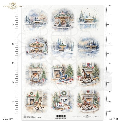 Papier ryżowy do decoupage A4 Zimowe widoczki karuzele koniki na biegunach R2427 ITD Collection
