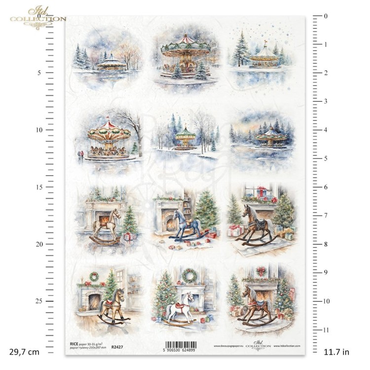 Papier ryżowy do decoupage A4 Zimowe widoczki karuzele koniki na biegunach R2427 ITD Collection