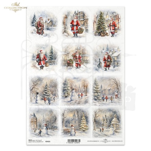 Papier ryżowy do decoupage A4 Zimowe widoczki Święty Mikołaj dzieci bałwany R2425 ITD Collection