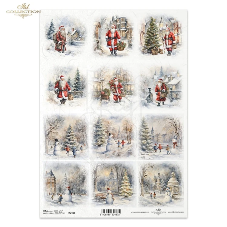 Papier ryżowy do decoupage A4 Zimowe widoczki Święty Mikołaj dzieci bałwany R2425 ITD Collection