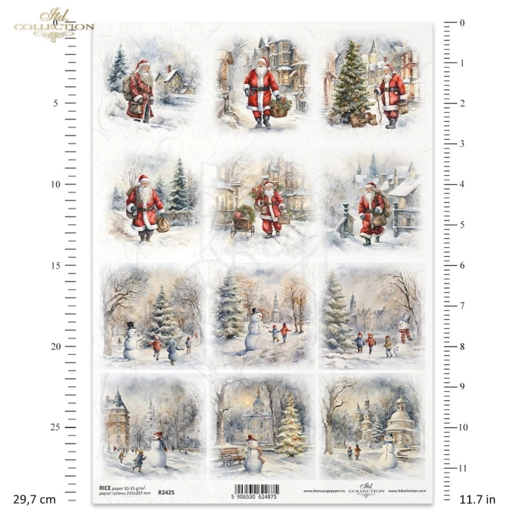 Papier ryżowy do decoupage A4 Zimowe widoczki Święty Mikołaj dzieci bałwany R2425 ITD Collection