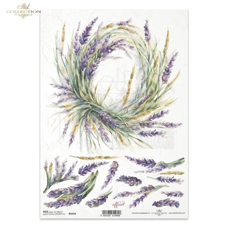 Papier ryżowy do decoupage A4 Lawenda letnie kwiaty bukiet kwiatów wieńce R2418 ITD Collection