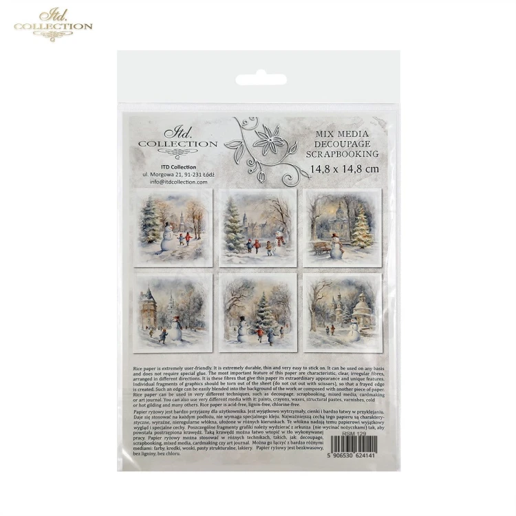 Zestaw papierów ryżowych do decoupage 14.8x14.8 Zimowe widoczki dzieci bałwanki RSM129 ITD Collection