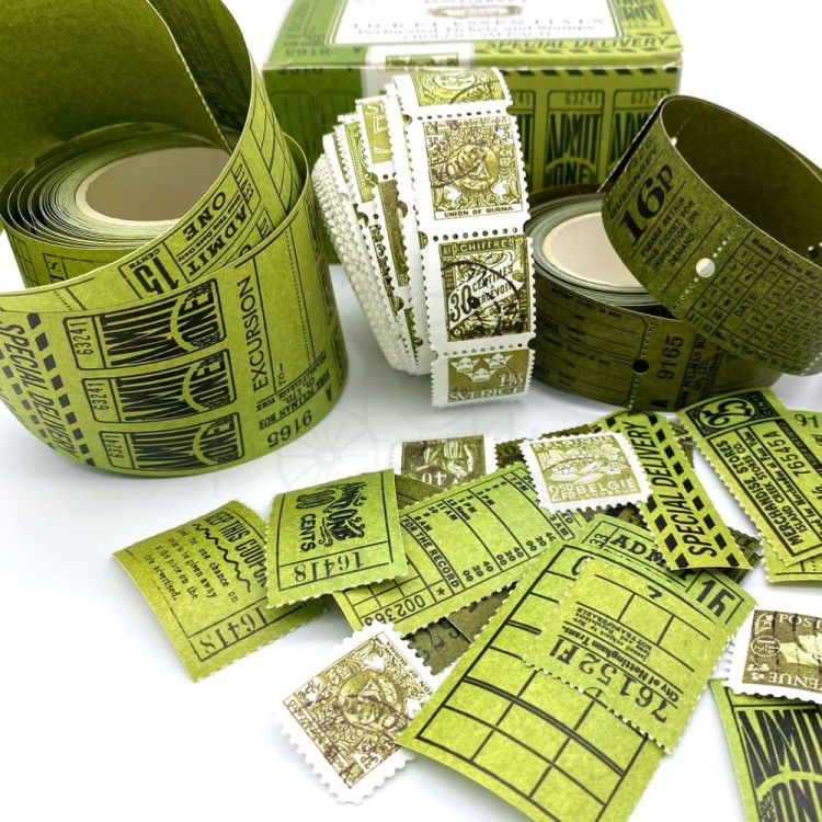 Ozdoby papierowe na rolce Vintage Bits Ticket Essentials Sage 3 rolki VB-37438 49 And Market