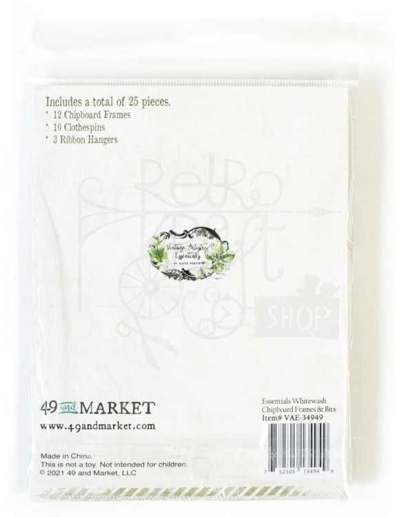 Ozdoby tekturowe ramki Vintage Artistry Essentials Whitewash Frames &amp; Bits Set 25szt VAE-34949 49 And Market