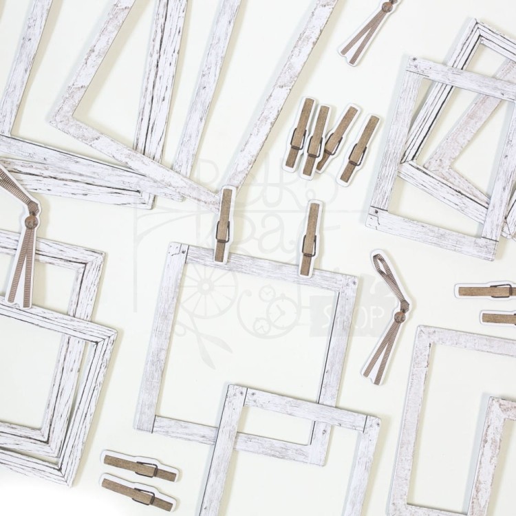 Ozdoby tekturowe ramki Vintage Artistry Essentials Whitewash Frames &amp; Bits Set 25szt VAE-34949 49 And Market