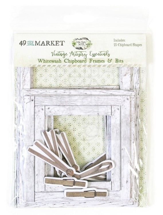 Ozdoby tekturowe ramki Vintage Artistry Essentials Whitewash Frames &amp; Bits Set 25szt VAE-34949 49 And Market