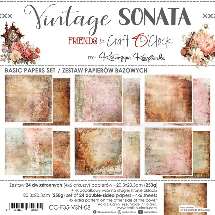 Zestaw papierów do scrapbookingu 20x20 Vintage Sonata Basic CC-F35-VSN-08 Craft O'Clock