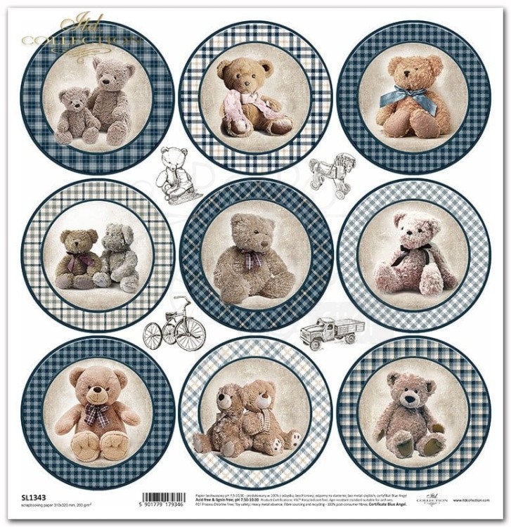 Papier do scrapbookingu 30x30 Niebieska kratka i zabawki SL1343 ITD Collection
