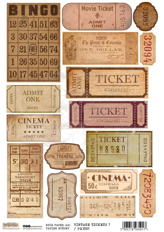 Papier ryżowy do decoupage A4 Vintage Tickets 1 PR3501 ScrapLove