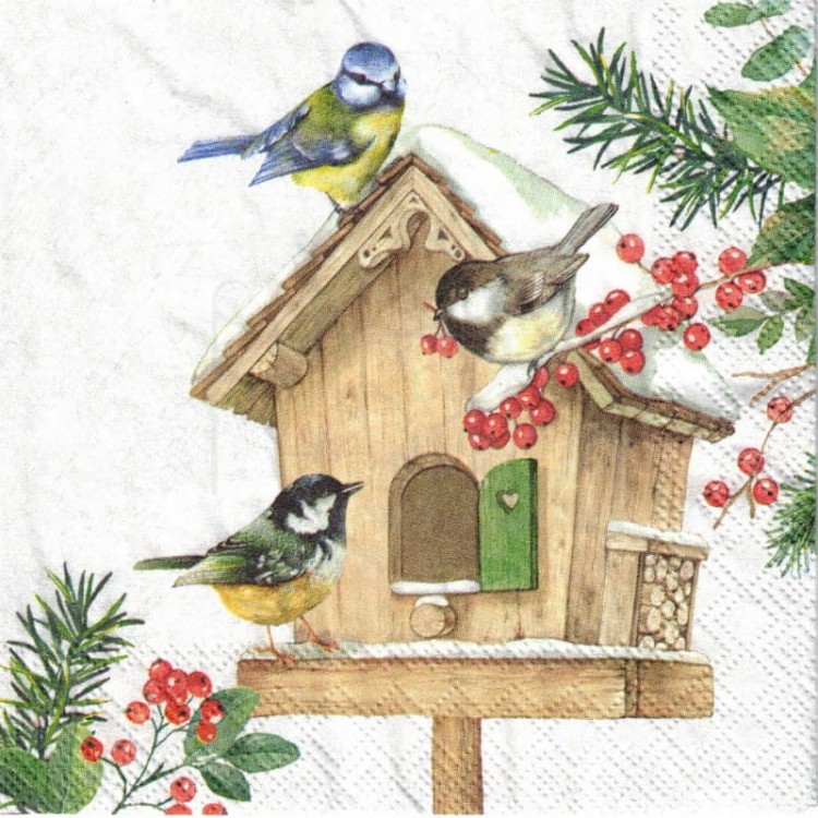 Serwetka 25x25 - Ptaszki i domek dla ptaków