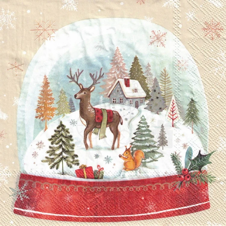 Serwetka 33x33 - Śnieżna kula z reniferem