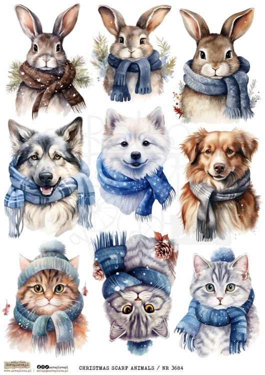 Papier ryżowy do decoupage A4 Christmas Scarf Animals 3684 ScrapLove