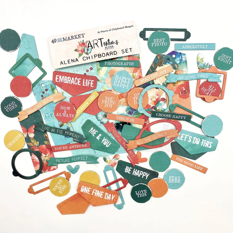 Ozdoby tekturowe die-cuts ARToptions Alena - Chipboard Set 61 sztuk AA-37353 49 and Market