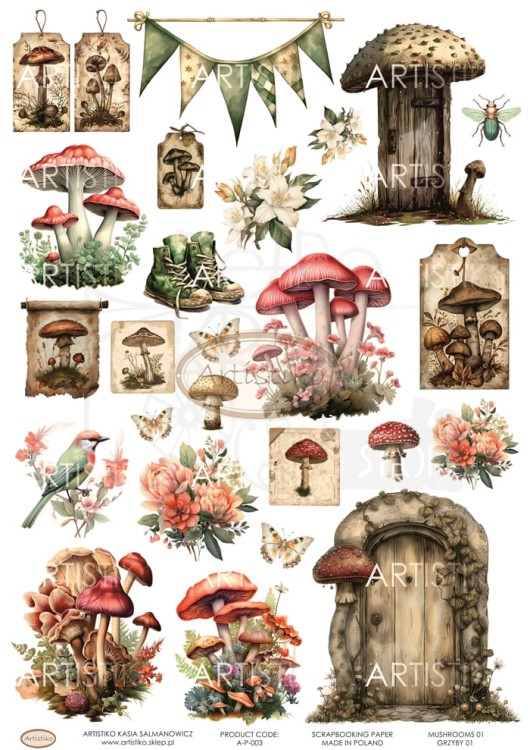 Papier do scrapbookingu A4 dodatki do wycinania Grzyby 01 A-P-003 Artistiko