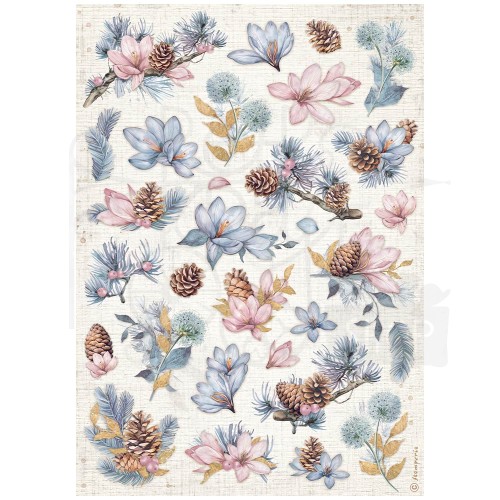 Papier ryżowy do decoupage A4 Dewdrops Kwiatki i szyszki DFSA4974 Stamperia