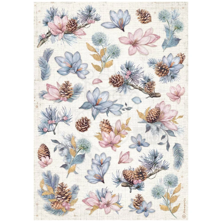 Papier ryżowy do decoupage A4 Dewdrops Kwiatki i szyszki DFSA4974 Stamperia