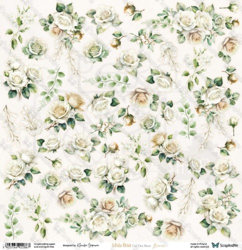 Papier do scrapbookingu 30x30 White Roses - Flowers ScrapAndMe