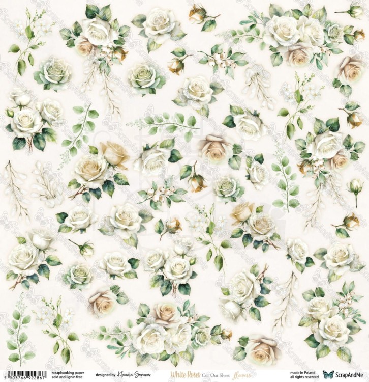 Papier do scrapbookingu 30x30 White Roses - Flowers ScrapAndMe
