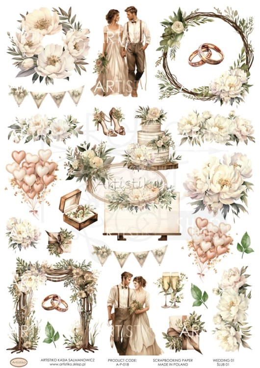 Papier do scrapbookingu A4 dodatki do wycinania Ślub 01 A-P-018 Artistiko
