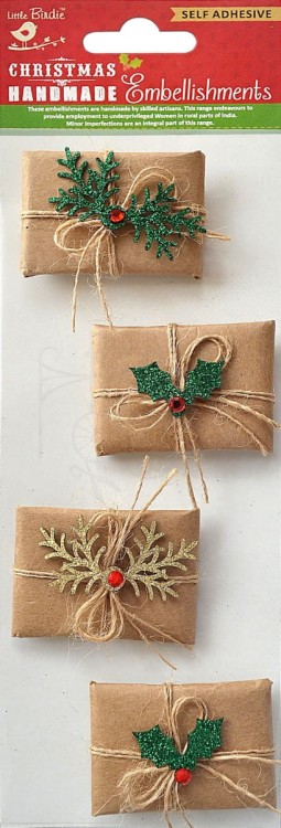 Ozdoby papierowe samoprzylepne prezenty Christmas Sticker Embellishments 4 szt CR76130 Little Birdie