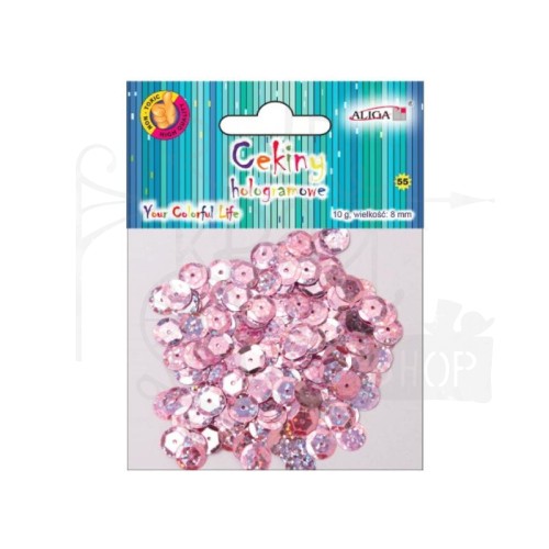 Cekiny okrągłe hologramowe jasny róż 8mm 10g MT-6601 Aliga