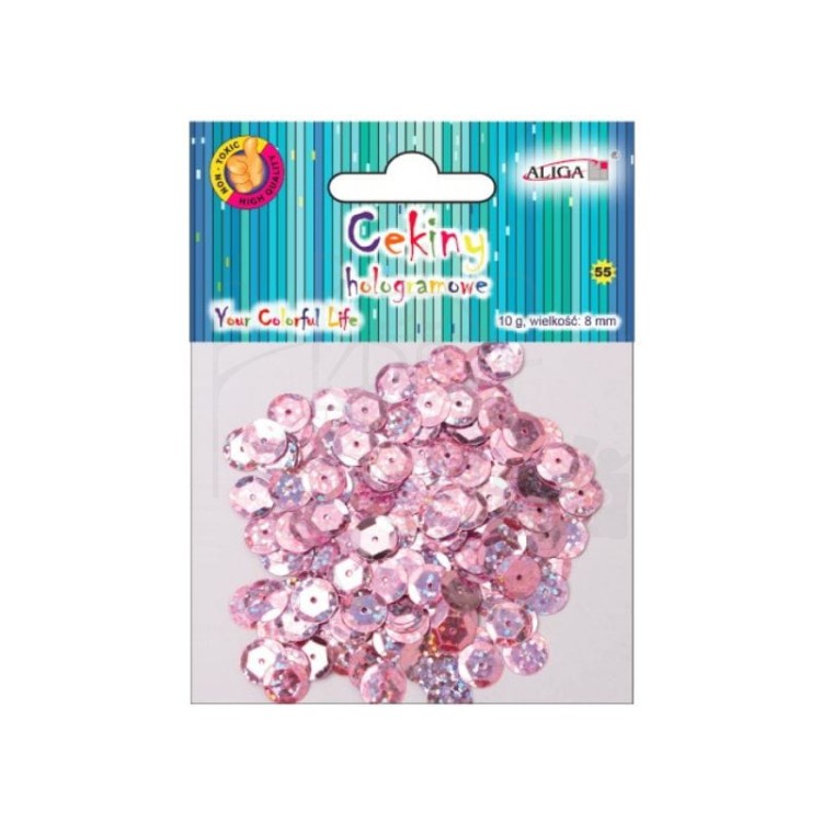 Cekiny okrągłe hologramowe jasny róż 8mm 10g MT-6601 Aliga