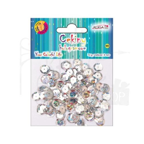Cekiny okrągłe hologramowe srebrne 8mm 10g MT-6596 Aliga
