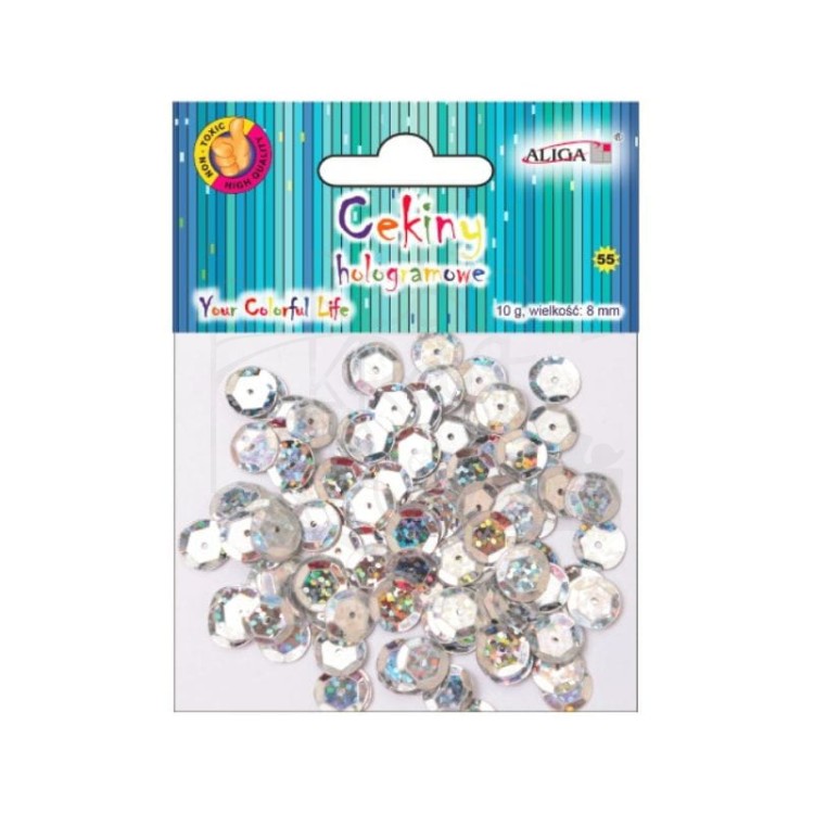 Cekiny okrągłe hologramowe srebrne 8mm 10g MT-6596 Aliga